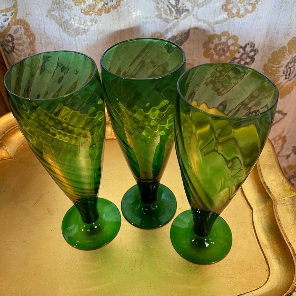 Vintage  3 Empoli Optic Drinking Glasses, Emerald Green  Optic Glass Handblown - Picture 5 of 16